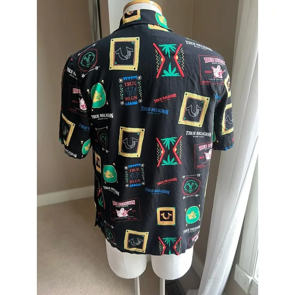 True Religion resort wear print collar black button down shirt size L